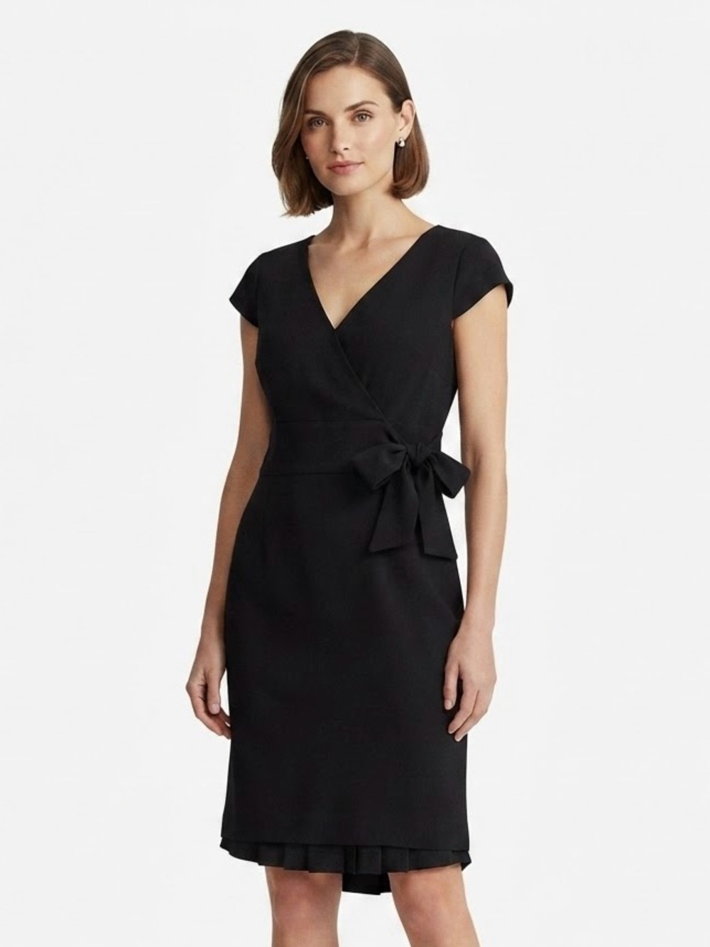 Chadwicks Black Cap Sleeve V-Neck Faux Wrap Sheath Dress Sz 12 Career